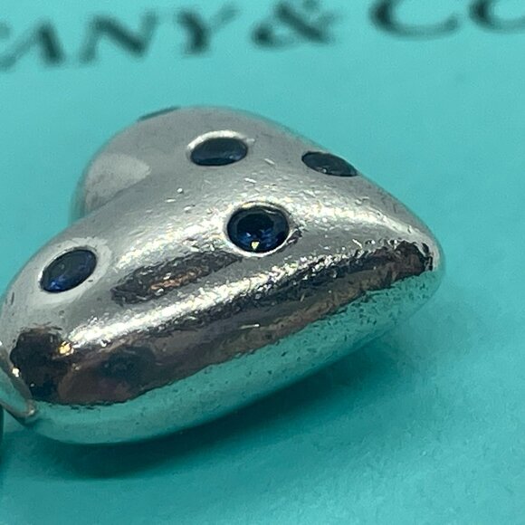 RARE Tiffany & Co. Blue Sapphire Etoile Heart Charm Pendant Sterling Silver - Picture 5 of 15
